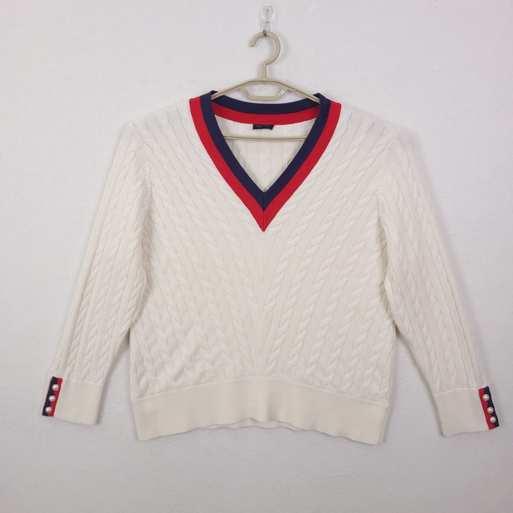 Talbots Chevron Cable V-Neck Sweater White Size 1X Long Sleeve Classic Old Money